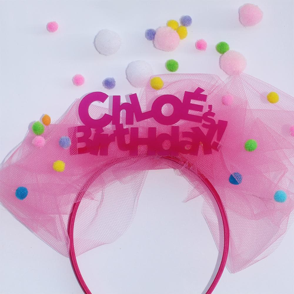 CUSTOM BIRTHDAY HEADBAND WITH TULLE AND POMPONS